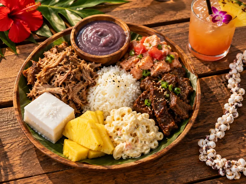 Luau-Abendessen-Teller mit kalua Schwein, poi, lomi lomi Lachs und haupia