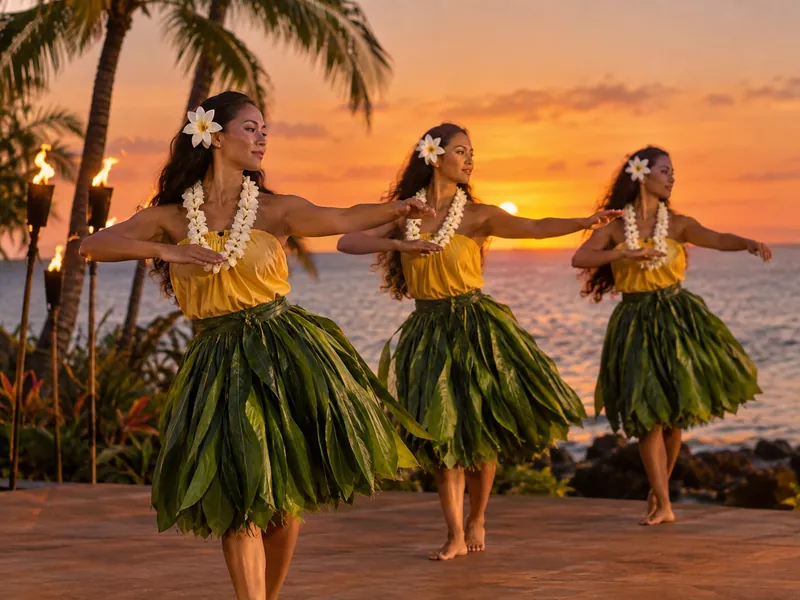 Hula-Tänzerinnen in Ti-Blatt-Röcken auf einer Freilichtbühne am Strand in der Dämmerung