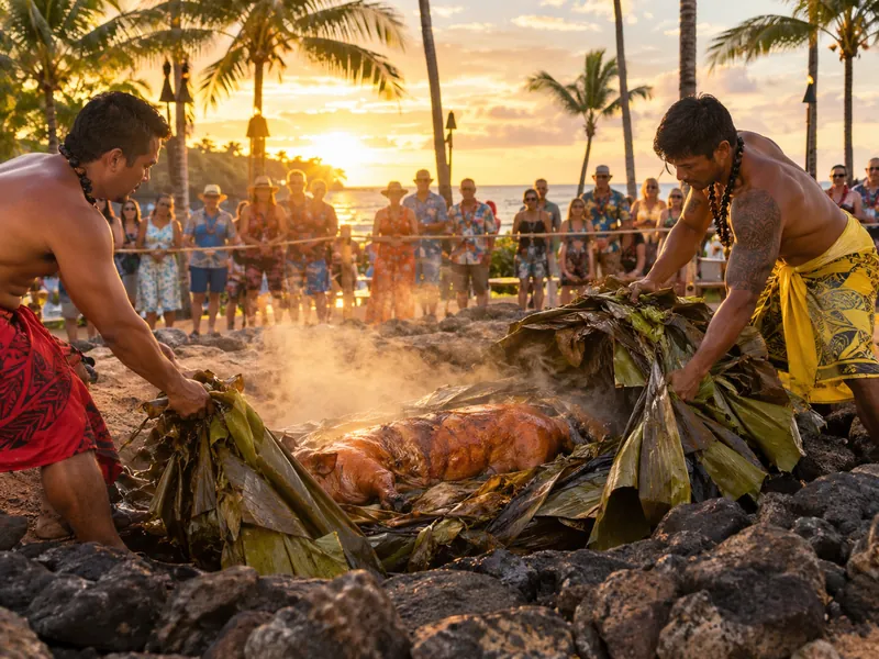 Imu-Zeremonie mit einem gebratenen kalua Schwein, das aus einem Erdofen am Strand gehoben wird