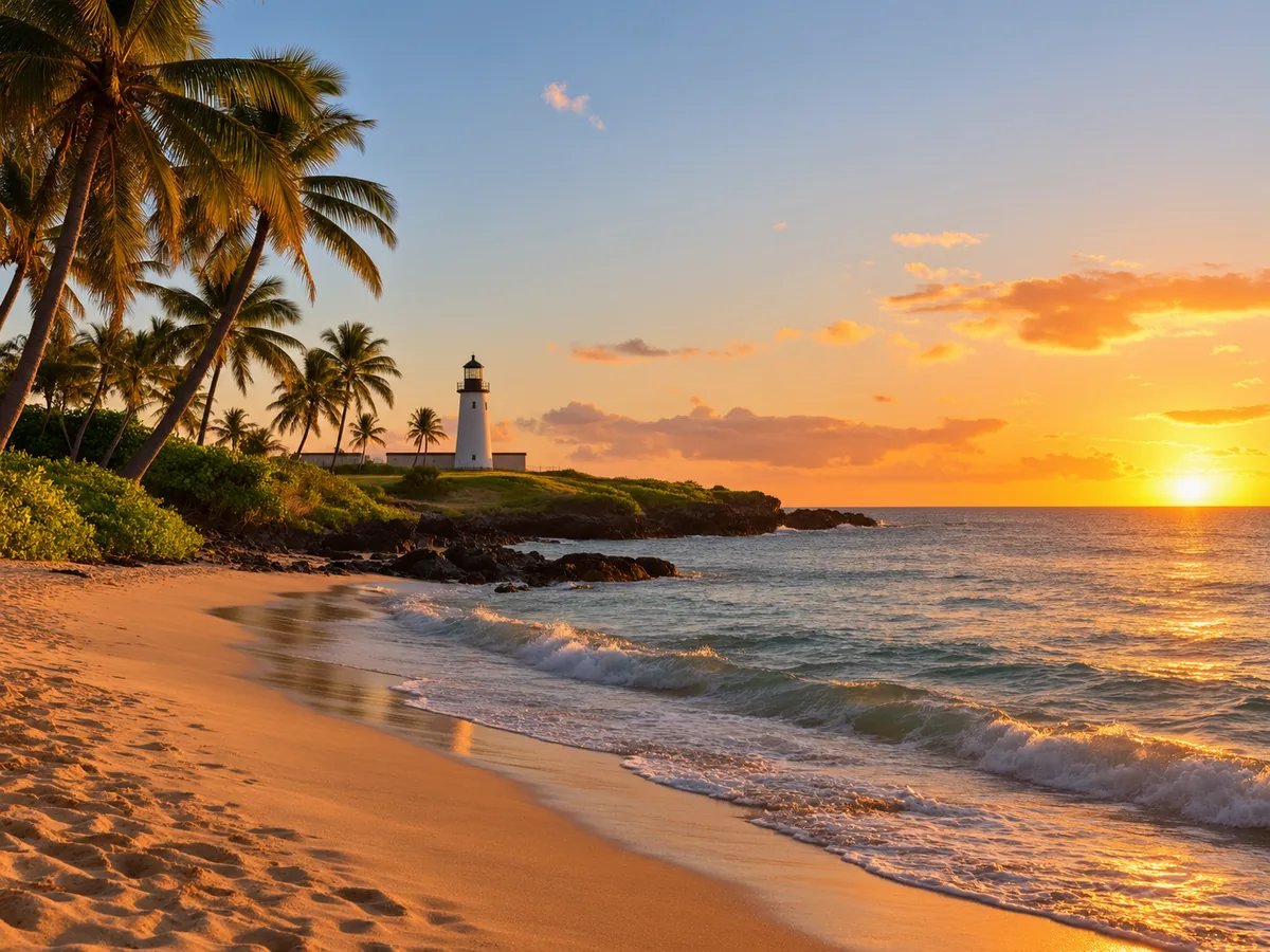 Palmengesäumter Strand und weißer Leuchtturm an der Lee-Küste von Oahu in der goldenen Stunde
