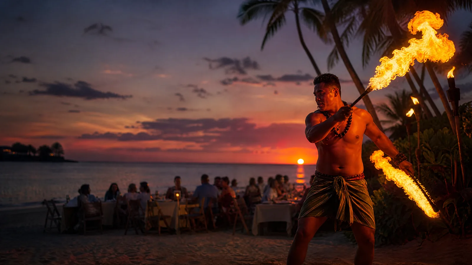 Feuermessertänzer bei einem Strand-Luau auf Oahu bei Sonnenuntergang